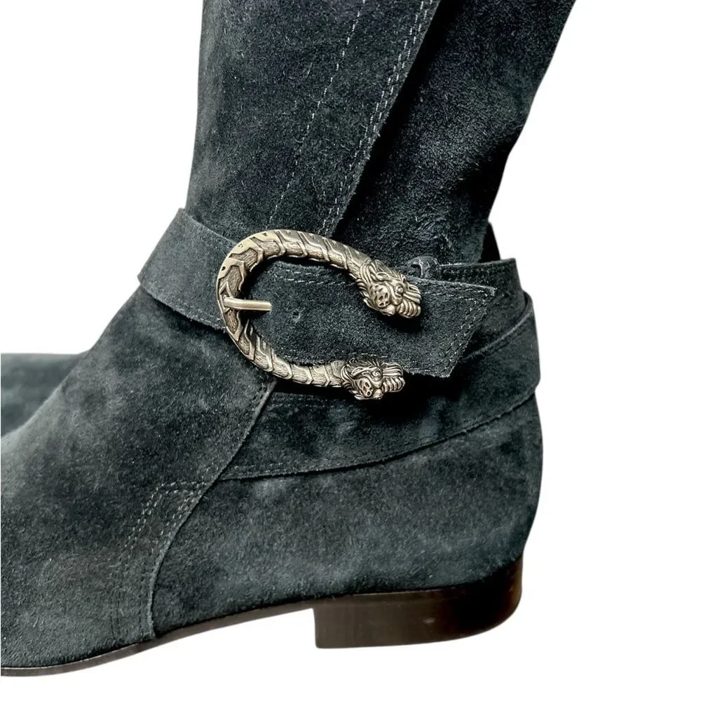 GUCCI Dionysus Black Suede Leather Over-The-Knee Boots Size 40 Luxury Buckle